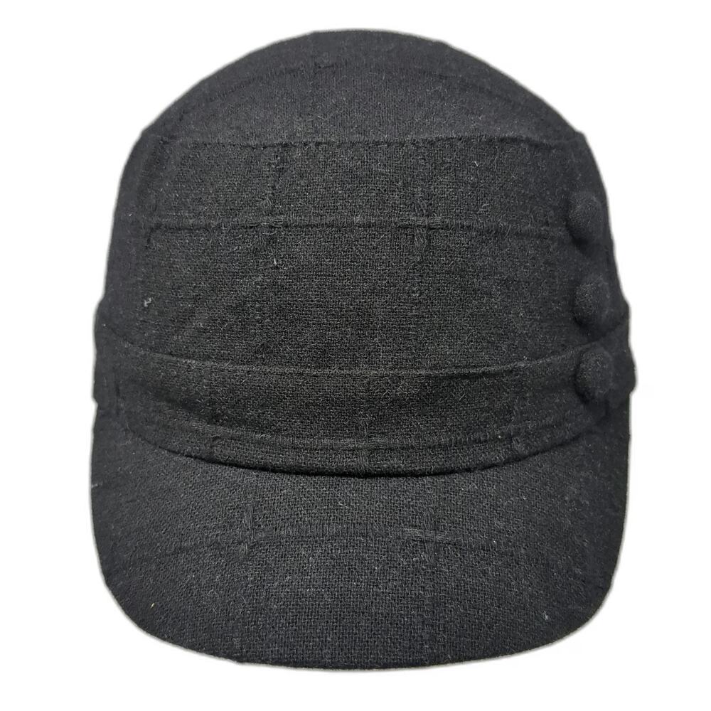 D&Y Army Cap Black One Size Wool Blend Decorative Buttons Elastic Back Hat Cadet